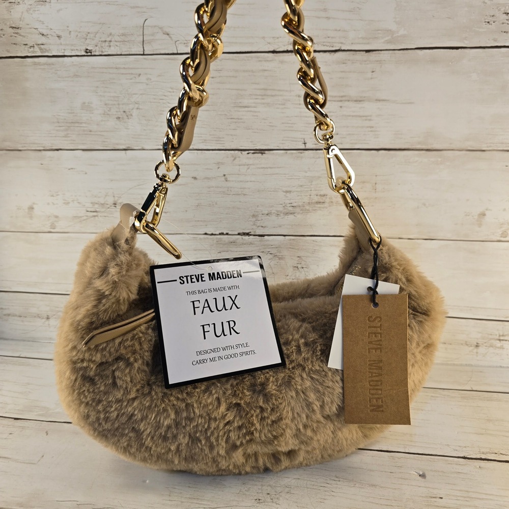 NWT Steve Madden Faux Fur Crescent Shoulder Bag Taupe Gold Chain Crossbody